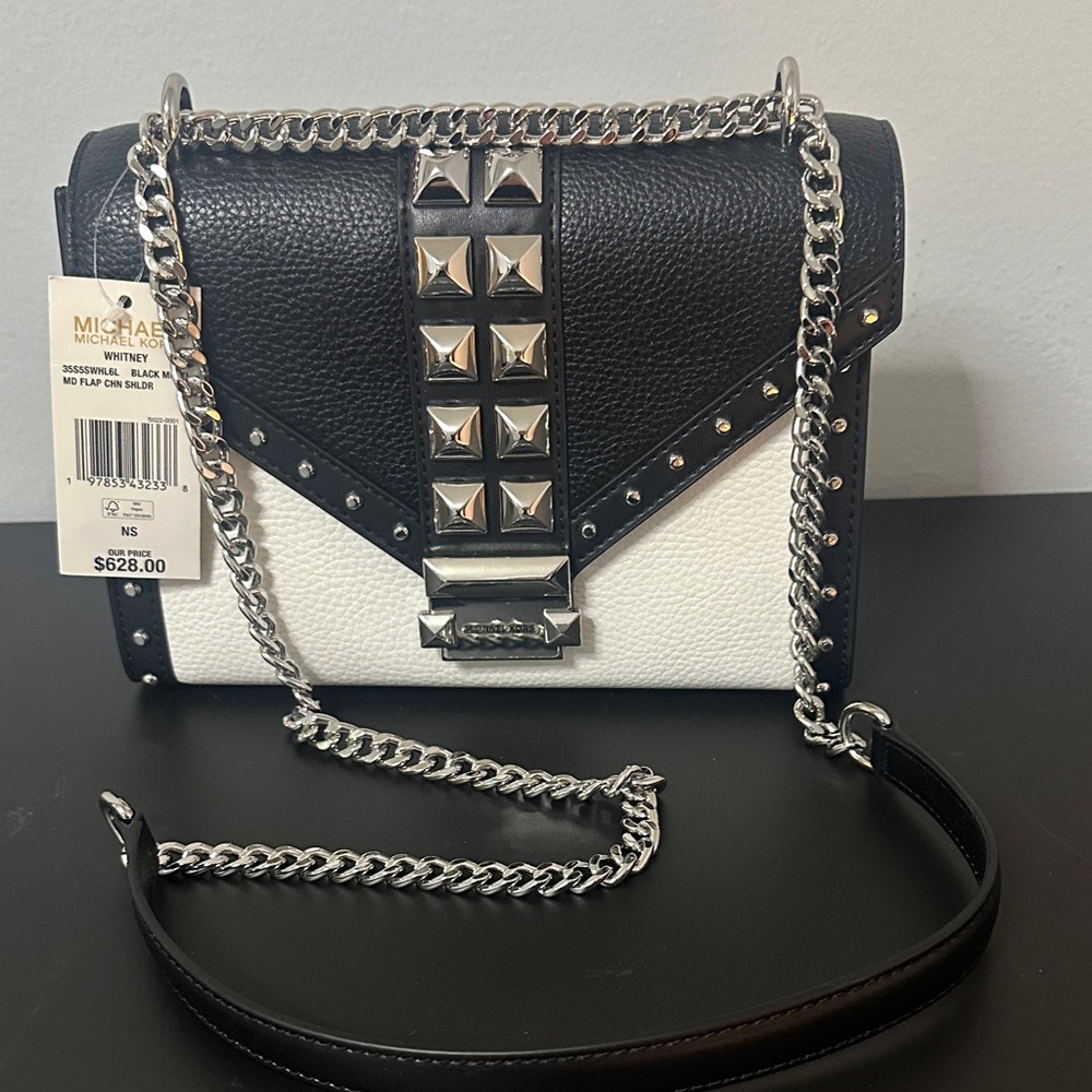Michael Kors Whitney NWT Black and White Crossbody Bag w Silver Studs Hardware - Picture 5 of 12